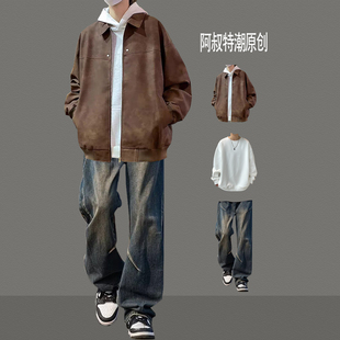 美式复古翻领皮衣外套男款套装秋季机车夹克搭配牛仔裤休闲三件套