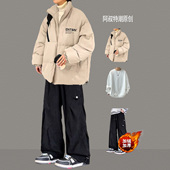 男立领棉衣外套搭配宽松休闲加绒裤 冬季 加厚棉服套装 子潮流三件套