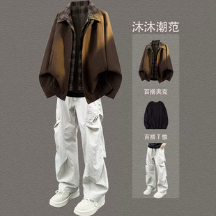 男青少年潮牌宽松痞帅休闲运动套装 春秋美式 复古假两件夹克套装