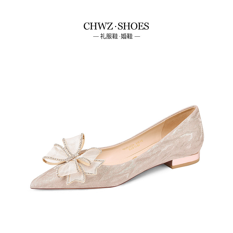 chwz平底结婚鞋女蝴蝶结秀禾婚纱两穿新娘鞋水晶伴娘鞋婚宴鞋孕妇
