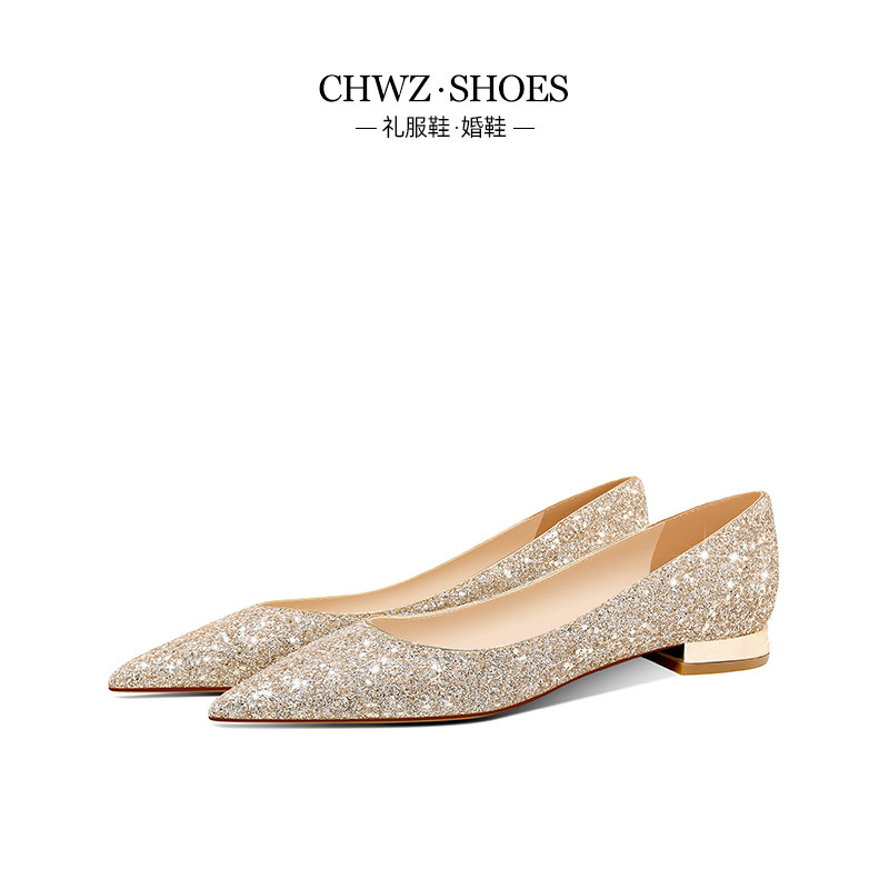 chwz大码结婚鞋女平底香槟金色秀禾婚纱两穿水晶新娘鞋孕妇不累脚