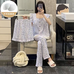 长裤 夏季 睡衣女云朵棉小碎花短裤 带胸垫小飞袖 可外穿三件套 新款