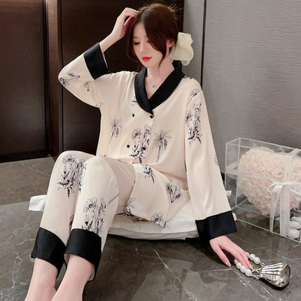 韩版冰丝睡衣女高级感春秋季长袖薄款2023年新款丝绸家居服套装