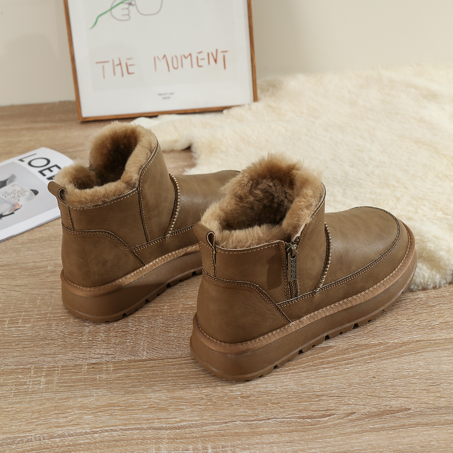 皮毛一体雪地靴男2025新款冬季加绒加厚皮面防滑侧拉链全羊毛棉鞋