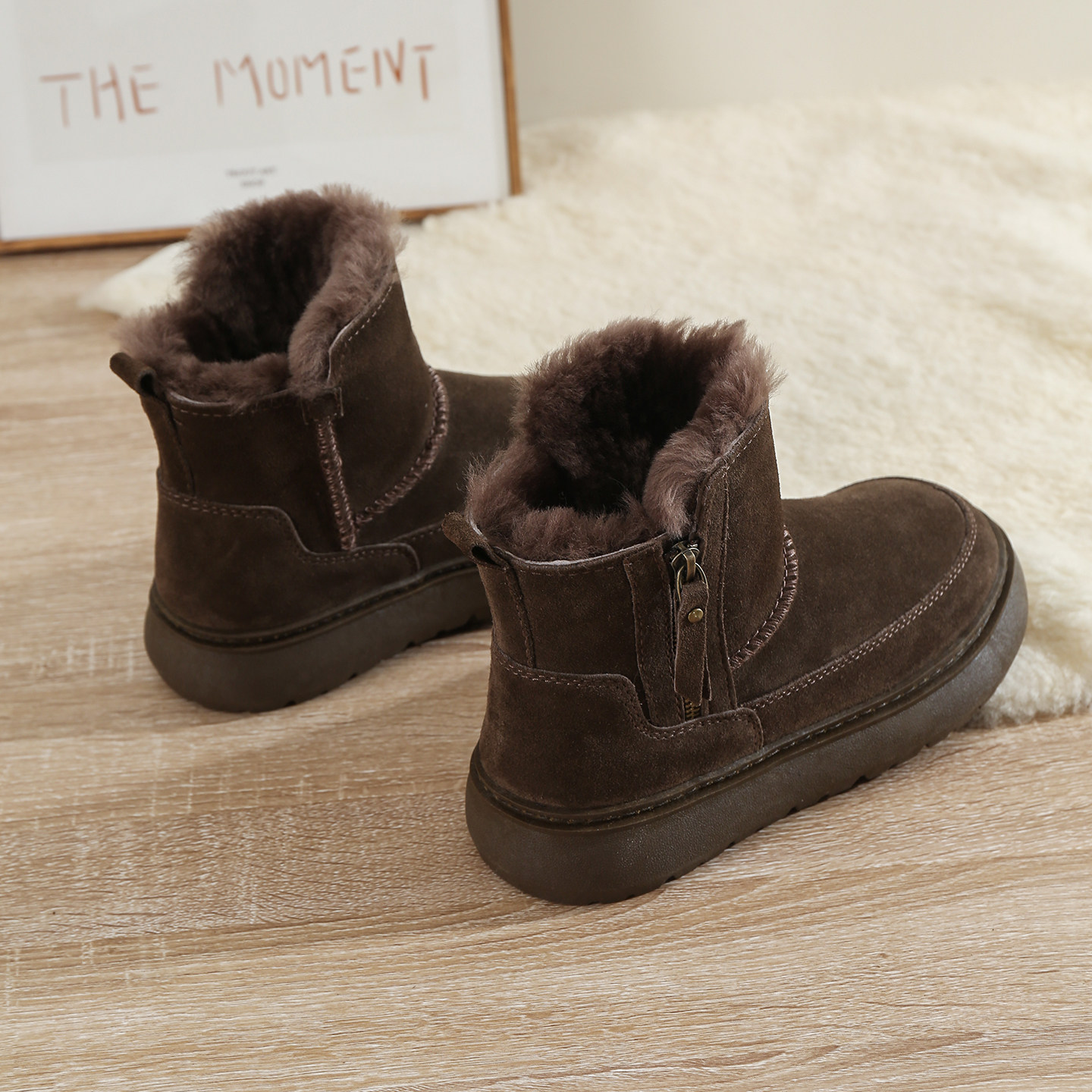 羊毛雪地靴女冬季2025新款侧拉链皮毛一体加绒加厚保暖雪防滑棉鞋