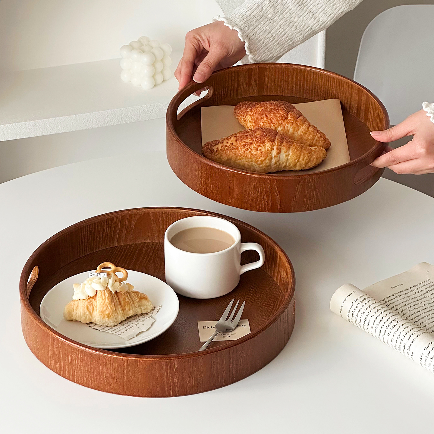日式木质实木托盘高级感圆形餐盘