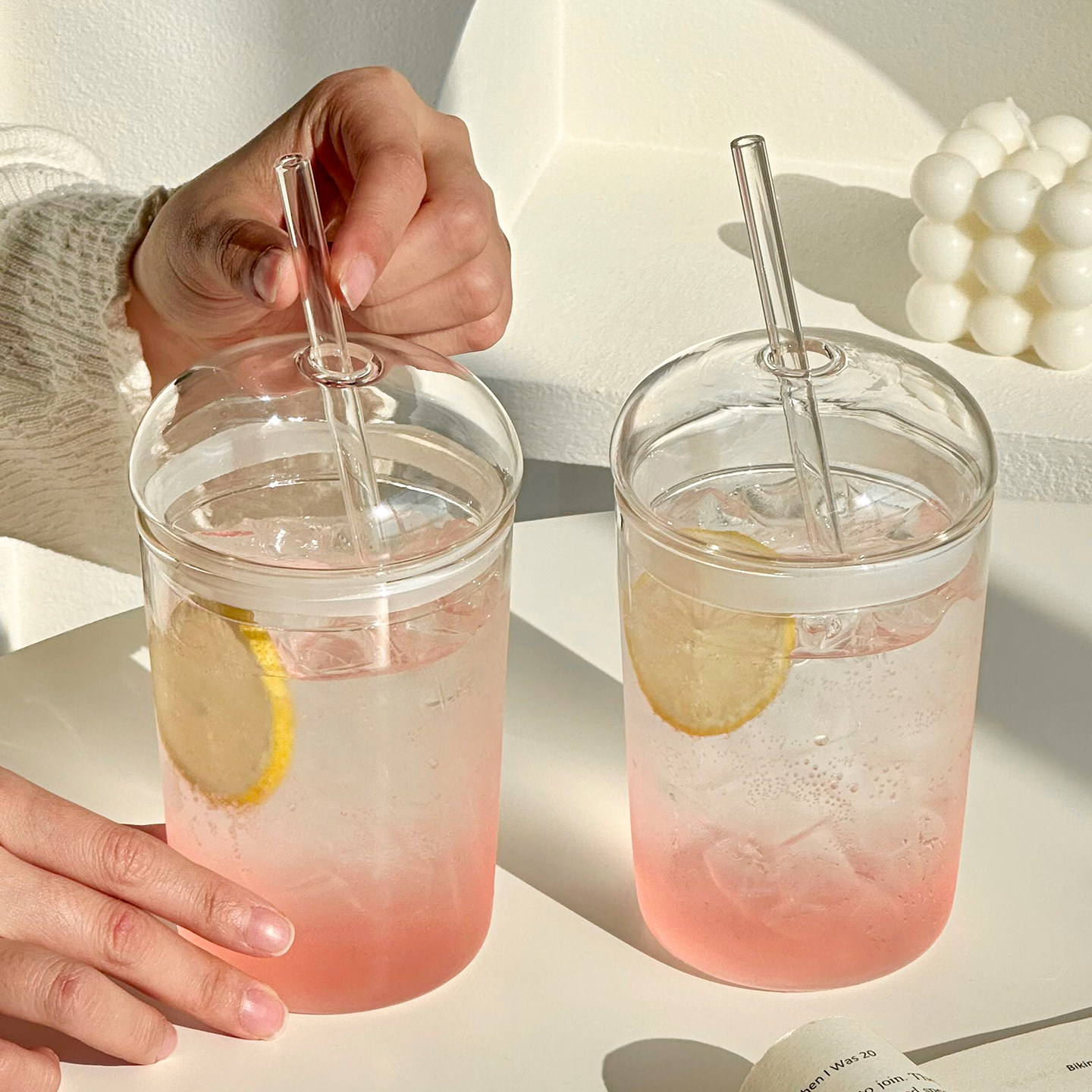 简约大容量吸管杯家用耐热高硼硅玻璃杯透明喝水杯咖啡饮料果汁杯