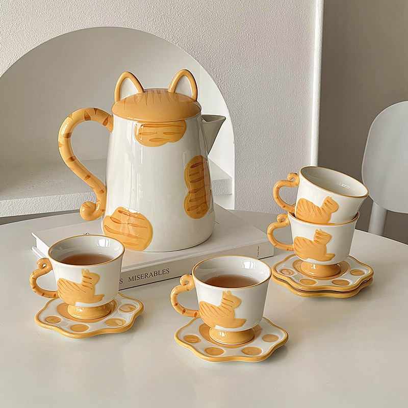 猫咪陶瓷杯具套装乔迁新居家用客厅杯子一套茶壶待客水杯新婚礼物