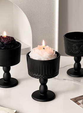 法式复古黑色磨砂烛台家用高级感香薰蜡烛玻璃底座氛围感装饰摆件