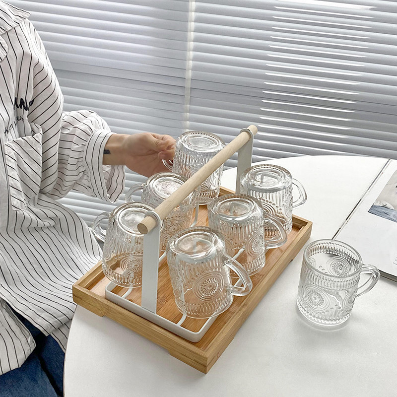 太阳花浮雕带把玻璃泡茶杯ins风喝水杯子套装家用女待客厅饮料杯