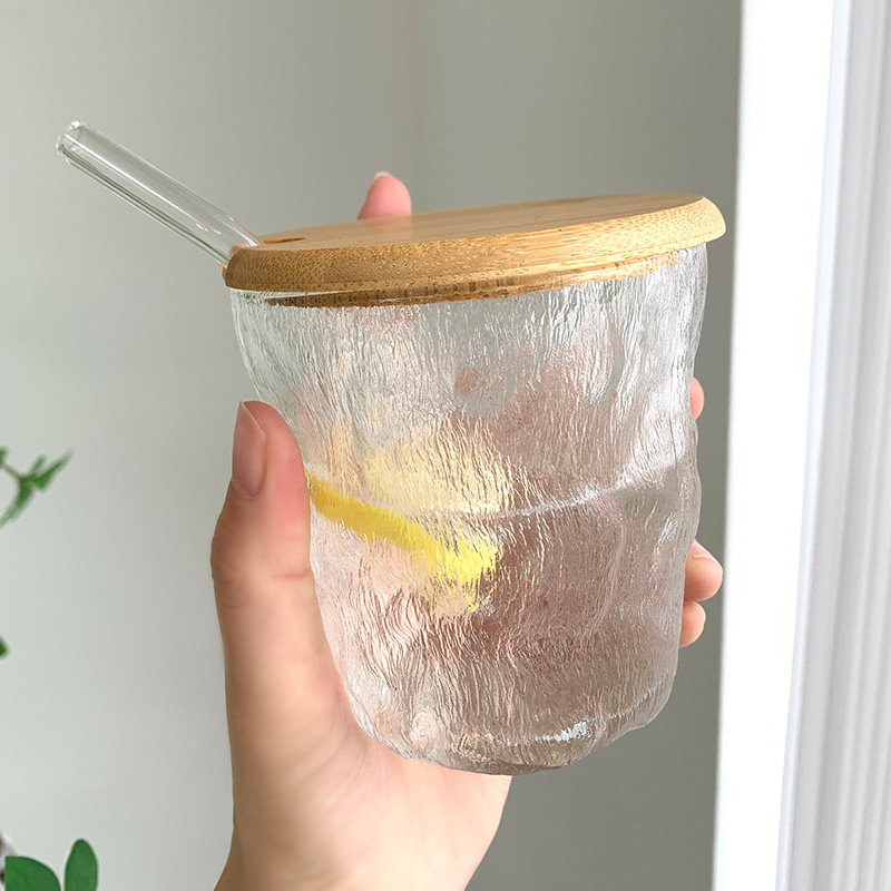 冰川纹少女心吸管玻璃杯高颜值ins风喝水杯子家用女生带盖咖啡杯