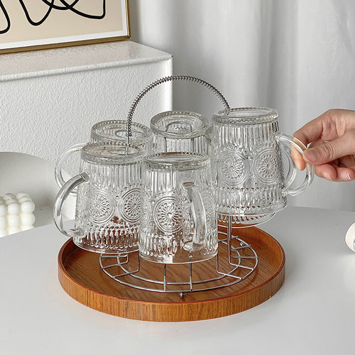 带把太阳花水杯套装家用玻璃杯子