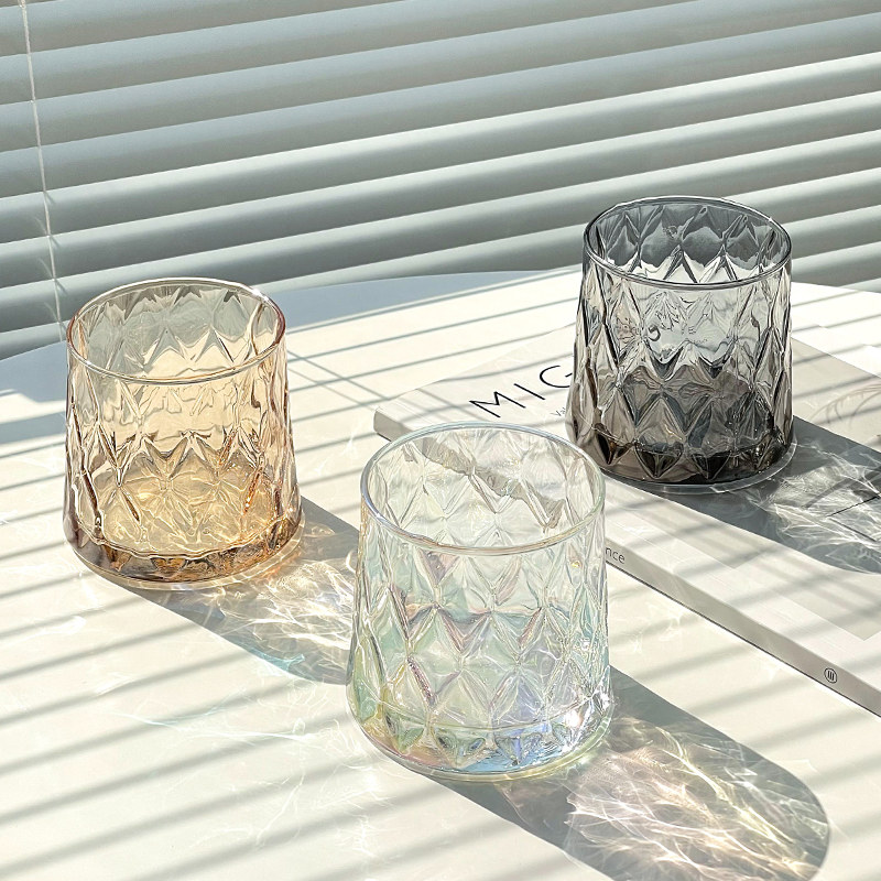 钻石纹炫彩玻璃杯家用女生高级感轻奢果汁饮料杯创意牛奶咖啡杯子