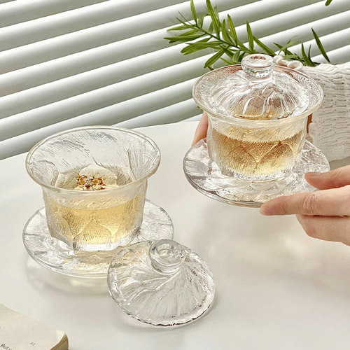 玻璃三才盖碗茶杯中式茶具