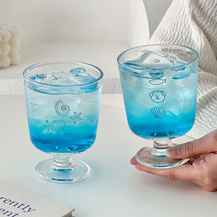 海洋高脚玻璃杯水杯家用女士高颜值设计感小众果汁酒杯调酒咖啡杯