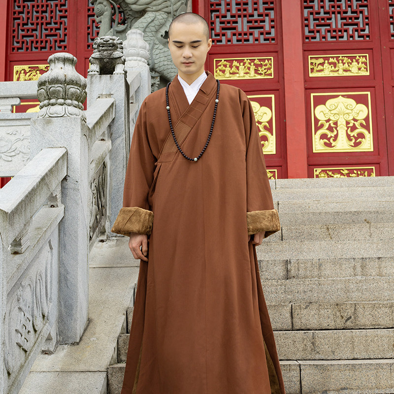 新款缎梵加厚僧服秋冬季加绒长短褂男女款僧衣保暖毛绒僧袍灰色罗