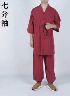 2025年僧服夏季棉麻短褂免绑腿七分袖僧衣小褂男女收口裤出家和尚
