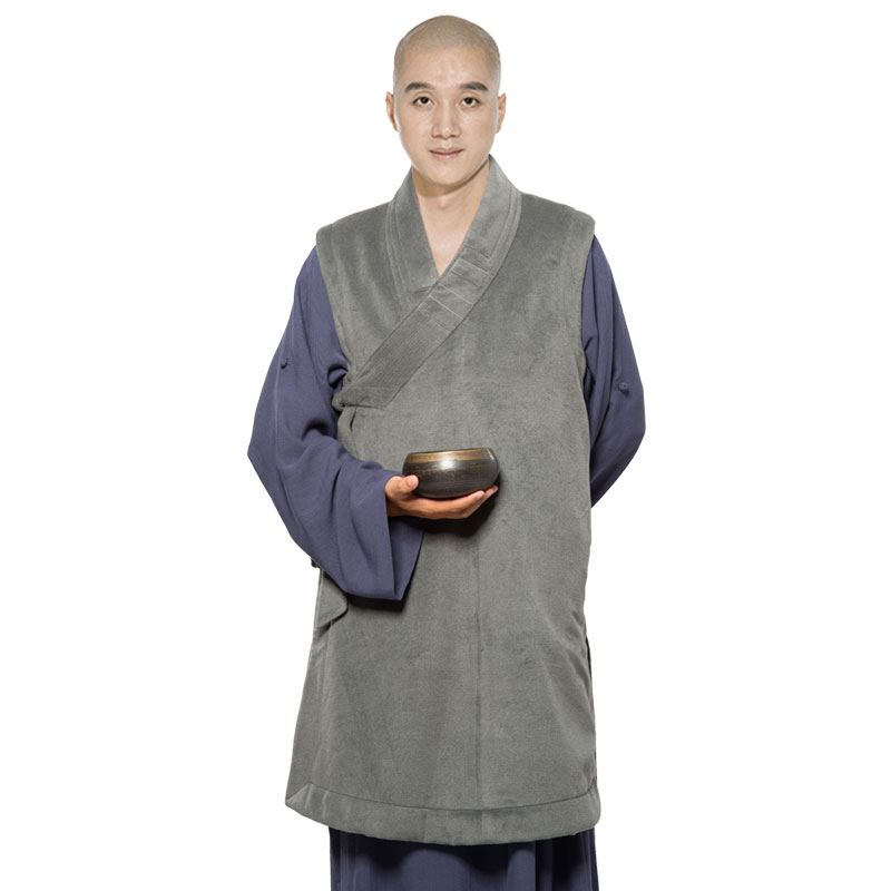 新款梵林冬季僧服斜襟马甲加绒保暖毛呢伽兰褂加厚男女坎肩斜襟伽