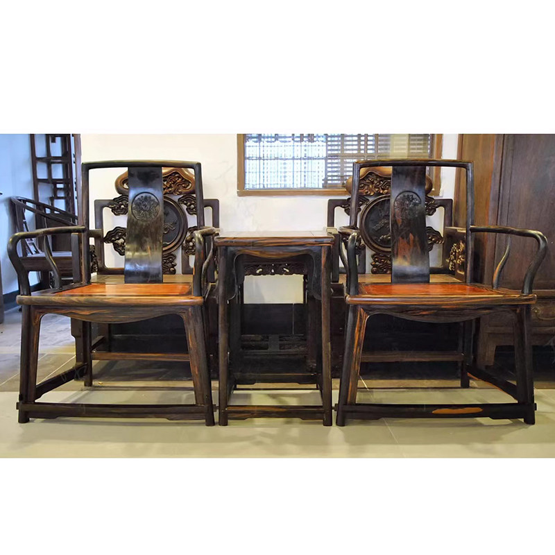 红木家具 乌纹木 条纹乌木+花梨瘿面板 南官帽椅(现货,EI1142)
