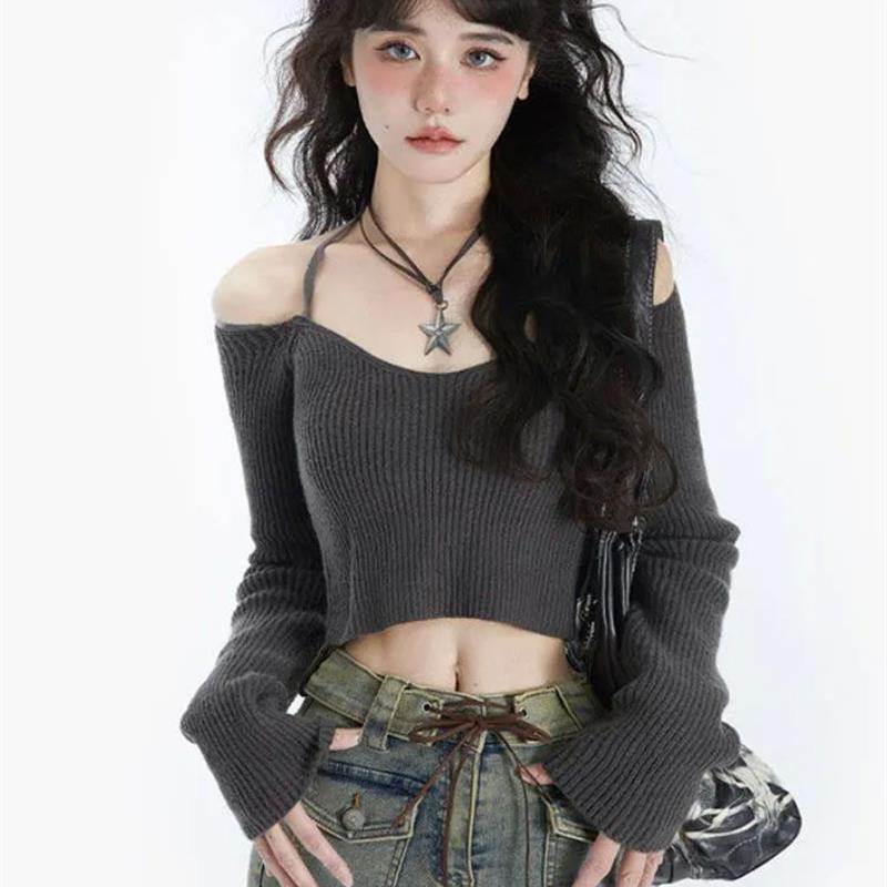 Y2K Women Korean Vintage Acubi Slim Cropped Sweater Aestheti