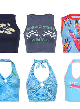 Sexy Tank Top Blue Halter Y2K Tops Women Summer Camis Backl