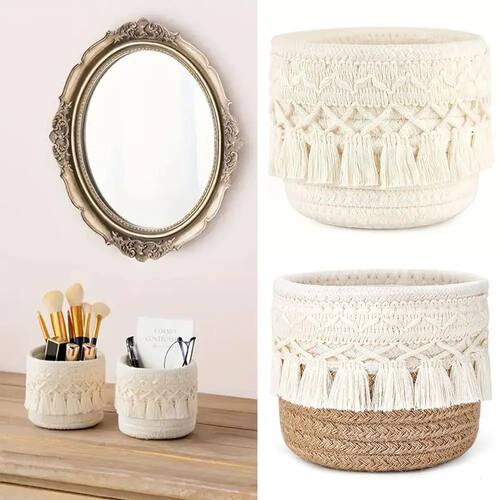 Tassels Desktop Storage Basket White Coffee Weaving Sundries