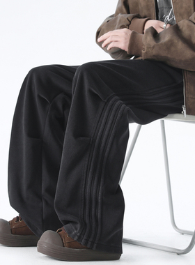 水洗复古卫裤男生裤子秋冬季美式直筒宽松加绒运动裤厚休闲裤长裤