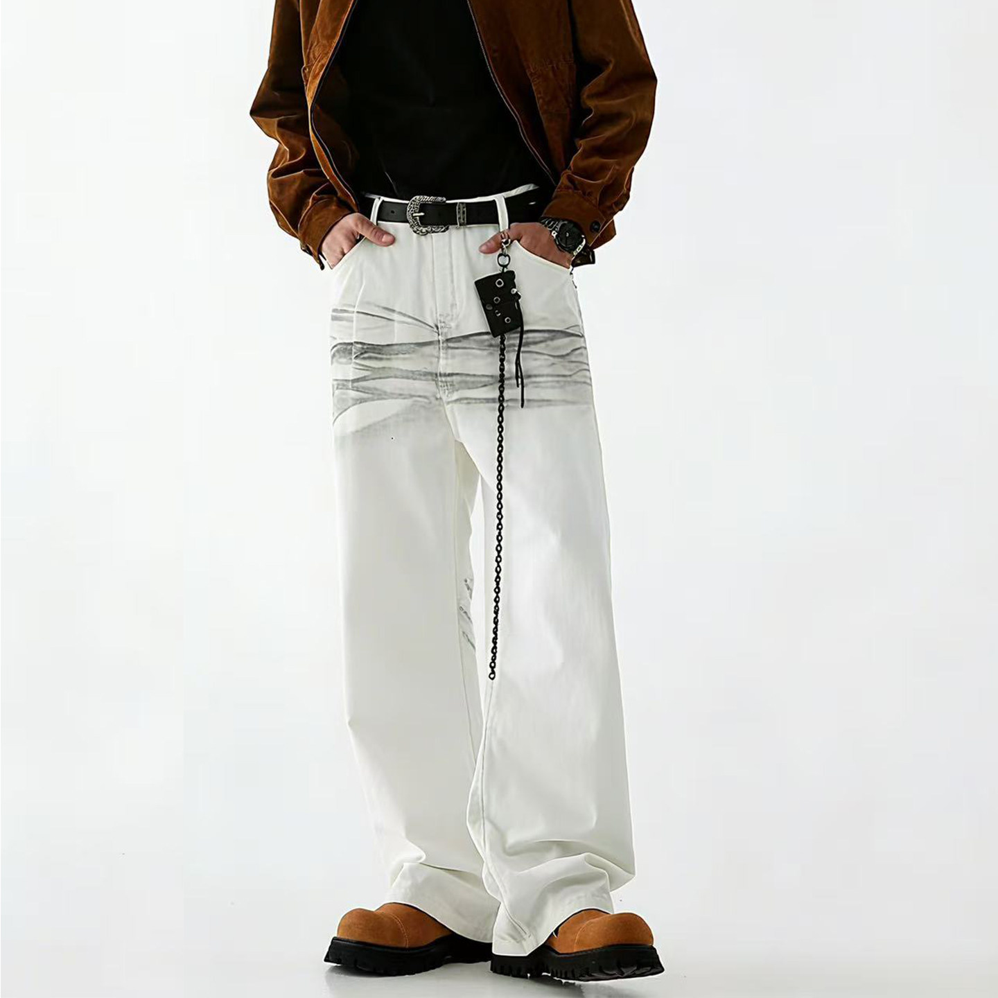 美式高街白色牛仔裤男生宽松直筒2026春季新款潮流帅气休闲阔腿裤