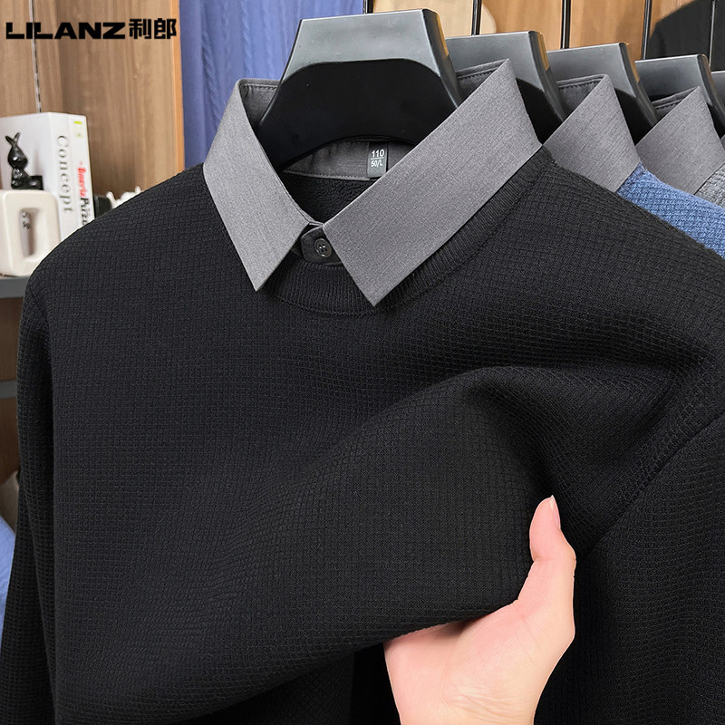 利郎100%羊毛衫男士衬衫领假两件针织衫套头加厚保暖毛衣打底衫男