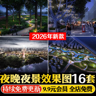 ps夜景效果图 公园商业街旅游景区灯光亮化工程景观psd源文件素材