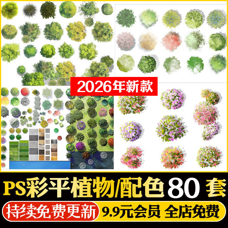 PS园林景观彩色平面图植物树分层草皮花卉纹理配色PSD彩平图素材