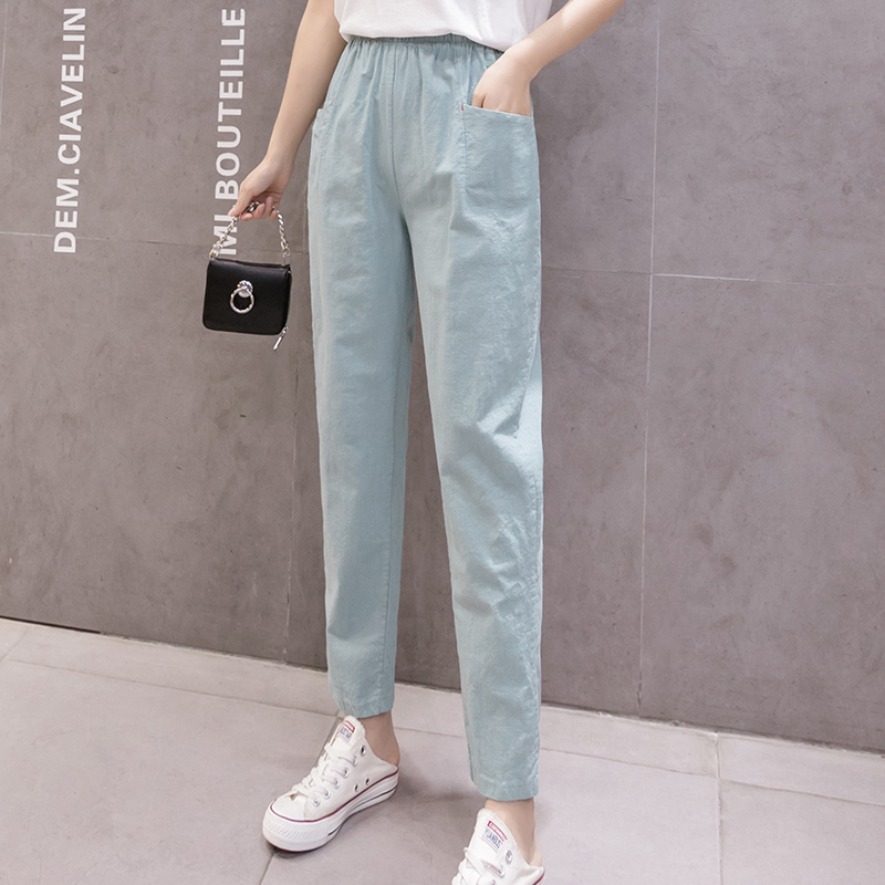 裤子女夏2025春季新款纯棉韩版宽松棉麻九分裤休闲裤显瘦哈伦长裤