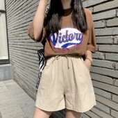 女夏季 休闲裤 新款 外穿大码 短裤 宽松高腰韩版 棉麻五分裤 居家阔腿裤
