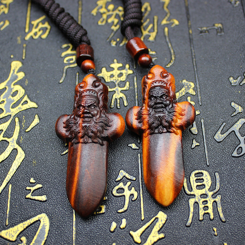 雷击桃木钟馗木剑随身配饰双面精雕手把件钥匙扣挂坠纯手工雕刻