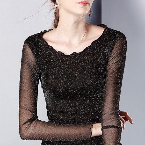 木耳边网纱打底衫女薄款内塔长袖2020秋装新款大码女士t恤上衣女|msdalam kategori Butik wanita / wanita, baju-T - dari Buy2taobao.com untuk memberikan perkhidmatan ejen Taobao profesional membeli