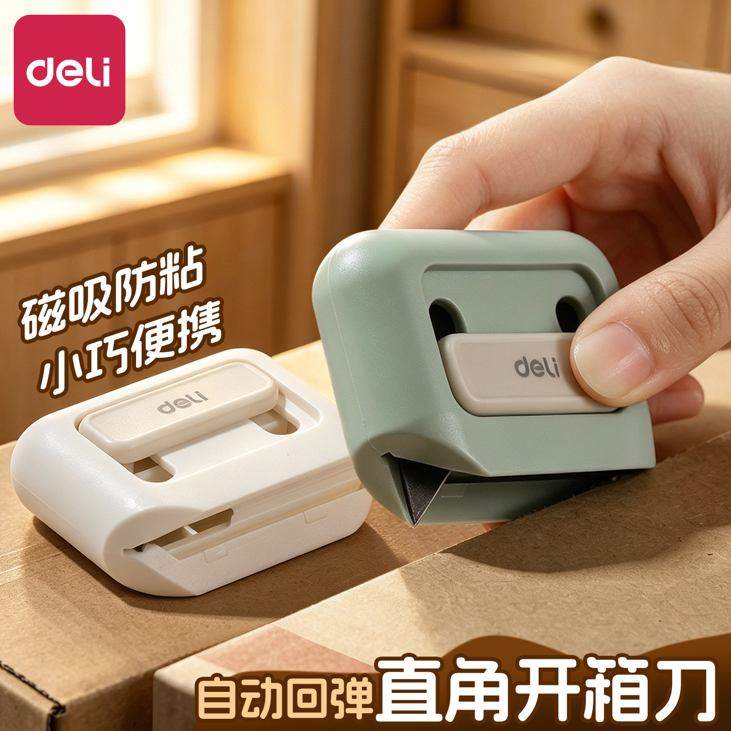 得力磁吸直角开箱刀特氟龙防粘防割手自动回弹美工刀专用拆快递拆纸箱神器安全便携家用快递刀开箱器可挂绳