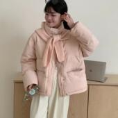 羽绒服时尚 现货2024冬新款 女士短款 立领可脱卸针织围巾帽保暖外套