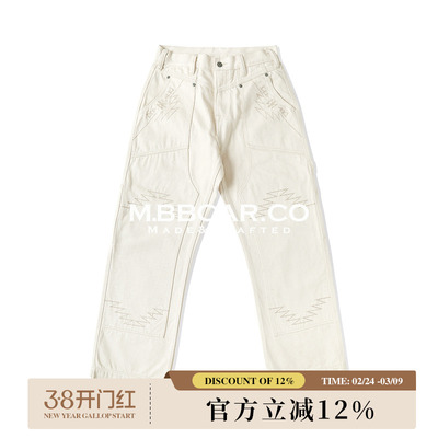 MBBCAR窄幅 14OZ白胚棉印第安阿兹特克图腾705B双膝绣花伐木工裤