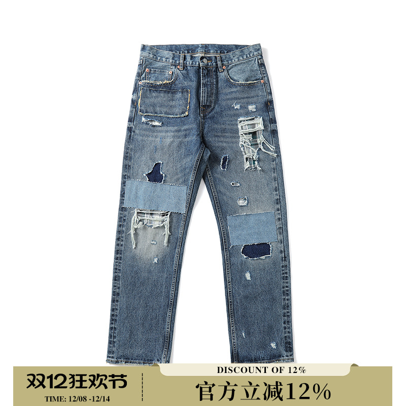 窄幅赤耳丹宁破洞补丁直筒裤