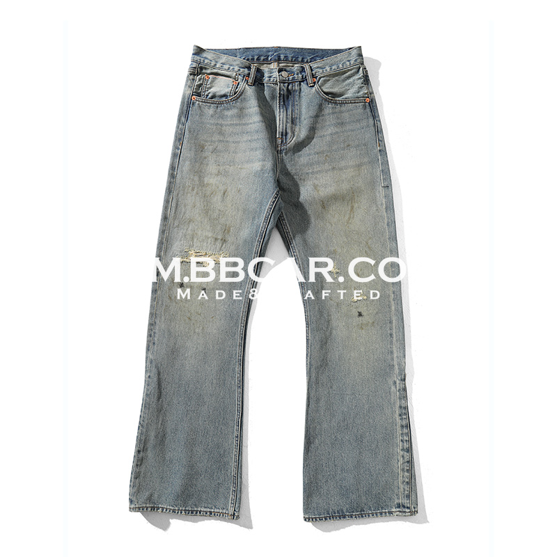 MBBCAR窄幅 旧化系列 707泥染脏旧破坏水洗赤耳丹宁宽松微喇叭裤