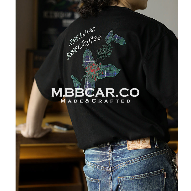 260克重工咖啡树果实贴布绣花蜡染斑驳短宽休闲短袖T恤MBBCAR窄幅