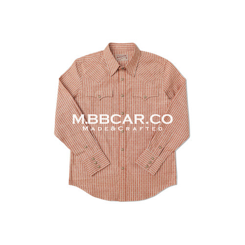 MBBCAR窄幅 西部系列 珊瑚红155克色织条纹提花美式复古长袖衬衫