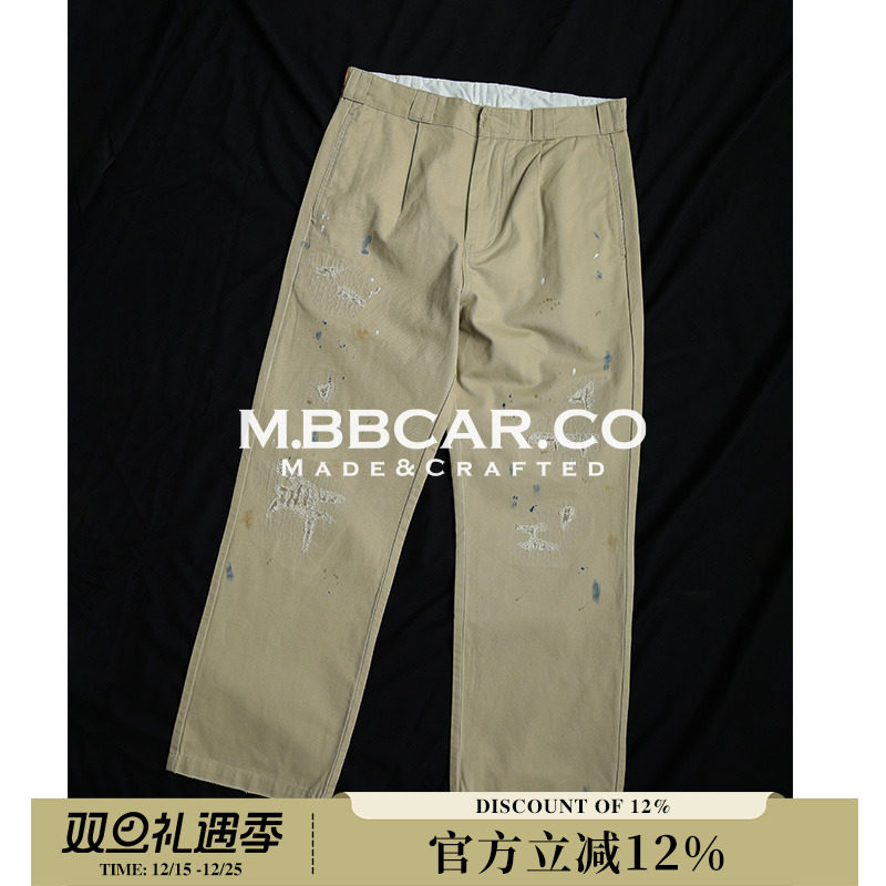 MBBCAR窄幅 做旧复古泼墨破坏镂空绣花宽松chino休闲直筒长裤