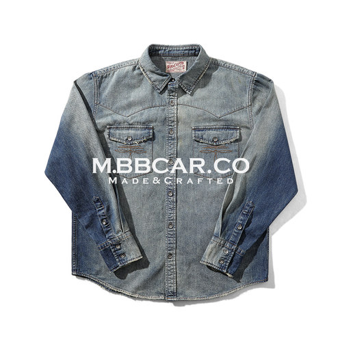 MBBCAR窄幅 旧化系列 做旧重水洗丹宁重工破坏纽扣西部长袖衬衫