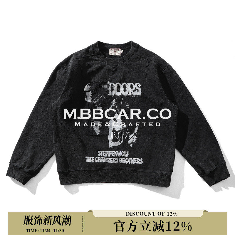 MBBCAR窄幅 Used旧化系列迷幻摇滚大门乐队镂空水洗印花结构卫衣