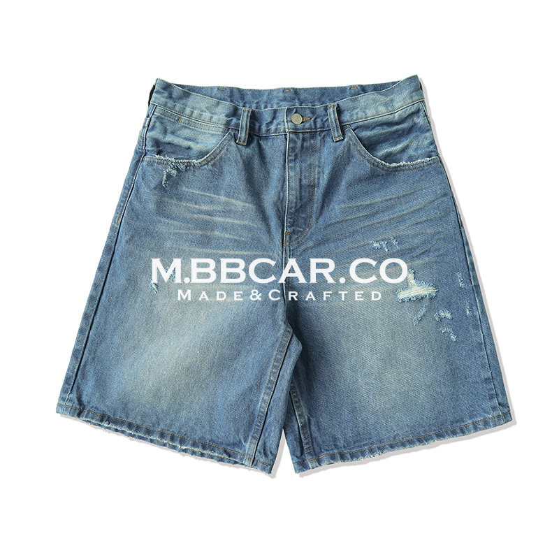 MBBCAR窄幅 磨砂雪花青光蓝做旧复古水洗赤耳丹宁牛仔夏季短裤