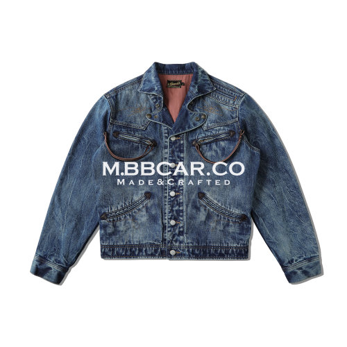 MBBCAR窄幅 16.5OZ特深蓝绳染赤耳丹宁水洗扎染100j骑士牛仔夹克