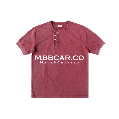 MBBCAR窄幅 西部系列 240克花卉绣花斜门襟修身亨利领短袖T恤