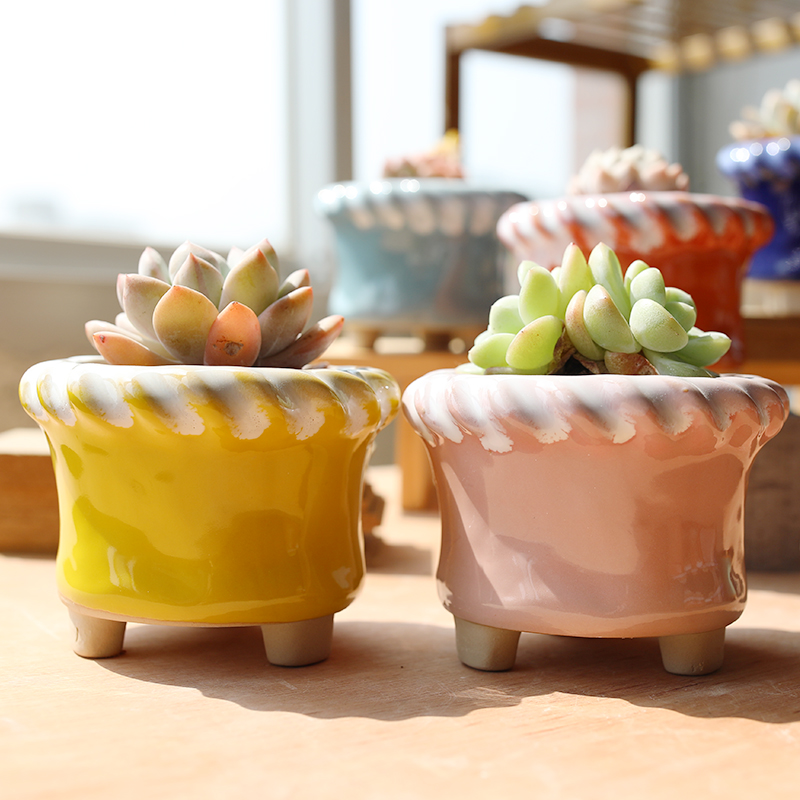 新款麻花口多肉花盆陶瓷简约清新创意个性流釉透气老庄粗陶盆特价
