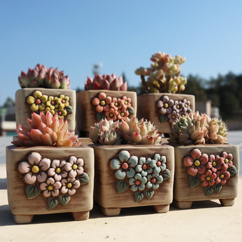 多肉花盆陶瓷韩式四方素烧做旧手绘桌面复古粗陶透气创意个性花器,鲜花速递/花卉仿真/绿植园艺,花盆,淘宝优惠券,粉丝福利购,淘宝优惠卷